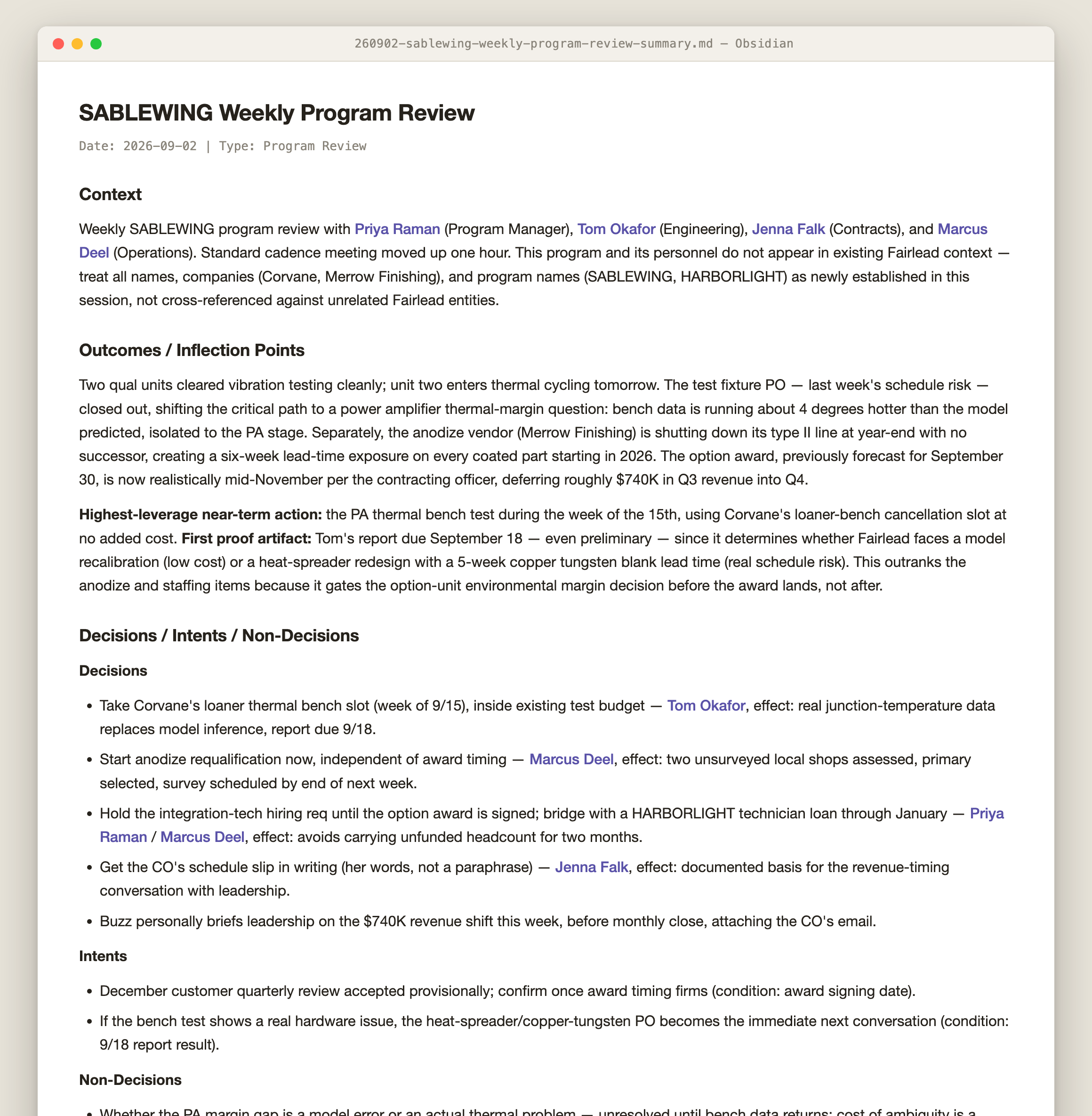 Sortie meeting summary generated from synthetic meeting data